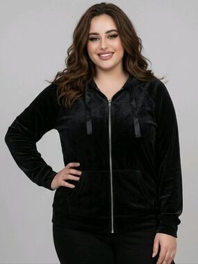 Torrid Black Velour Hoodie Size 1 Satin Drawstring Soft Plush Full zip